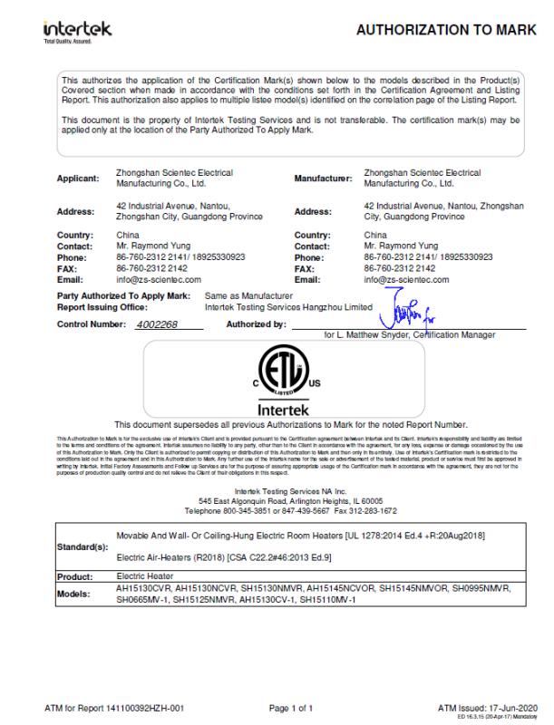 ETL - Zhongshan Scientec Electrical Mfg. Co., Ltd.