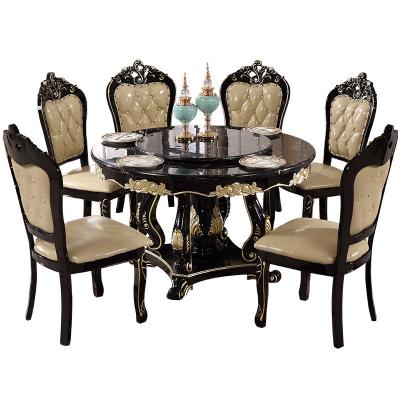 China Foldable European Marble Luxury Dining Table Chair Set With Rotating Center Dining Table Baroque Carving Solid Wood Home Furniture for sale