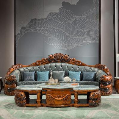 China Storage Leather Sofa European Style Solid Wood Carved Large Leather Villa Living Room Furniture for sale