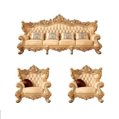 China Other European 123 Champagne Gold Double Sided Carved Leather Living Room Sofa Combination Solid Wood French Furniture for sale