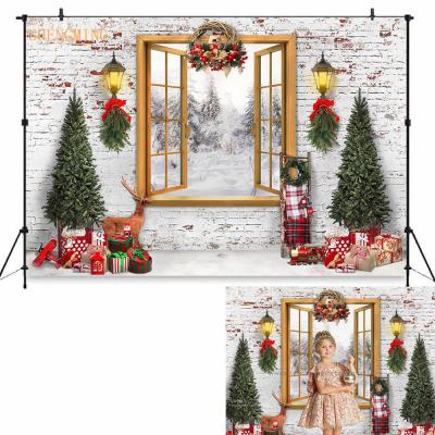 China Adult Window Snowy Forest Trees Gifts Baby Photostudio Christmas Family Portrait Brick Wall Photography Backdrop Vivid Kids Photoshoot for sale