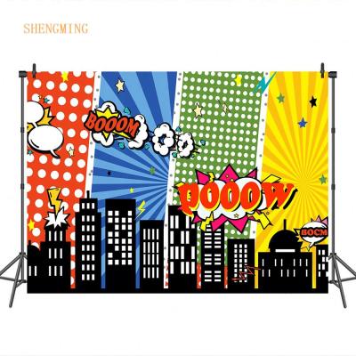 China Super seamless cartoon city theme birthday backdrop for party super hero photography backdrop for kids for sale