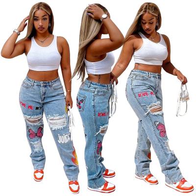 China 2022 QUICK DRY QUICK DRY Women Ripped Straight Pant High Waist Hole Printed Jean Denim Women Pants Jeans For Women for sale