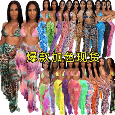 China Breathable Breathable Summer Sets Women 2022 Hollow Out Bikini Ruffled Wide-Leg Plush Waist Pants Print Fashion Beach 2 Piece Set for sale