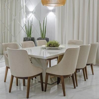 China Customized 8 person dinette set includes one rectangular kitchen finish whiteboard and eight pastor chairs with light beige fabric for sale