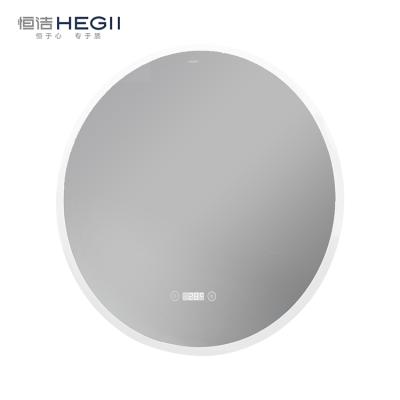 China HEGII luxury hotel luxury hotel touch screen modern round wall illuminated smart led bathroom mirror with time display for sale