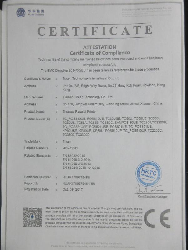 CE - Xiamen Tncen Technology Co., Ltd.