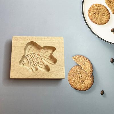 China Stocked Wood Cookie Mold Cutter 3D Goldfish Embossing Craft Decorating Baking Tools for sale