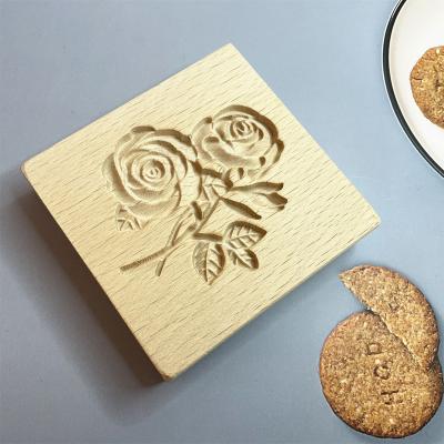 China Stocked Rose Flower Cookie Cutter 3D Embossing Craft Wooden Mold Biscuit Decorating Baking Tools for sale