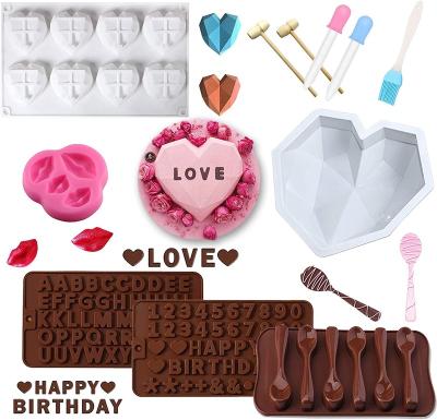 China Diamond Heart Silicone Mousse Cake Mold Kit With Hammers Droppers And Chocolate Viable Number Letter For Birthday Valentine's Day Gift for sale