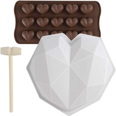 China Viable 3 Pcs Diamond Heart Silicone Chocolate Molds Kit Mousse Cake Baking DIY Tool Kit with Hammers for sale