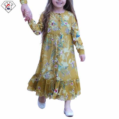 China Long Sleeve Flower Print Polyester Pleated Chiffon Abaya Dress Designed Kids Manufacturers Matching Mother and Daughter Muslim Clothing for sale