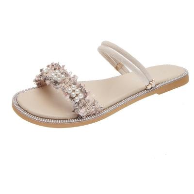 China Fashion Trend Stylish Casual Flat Chain Sandal Buckle Wholesale Comfortable Pearl Flat Sandals for sale