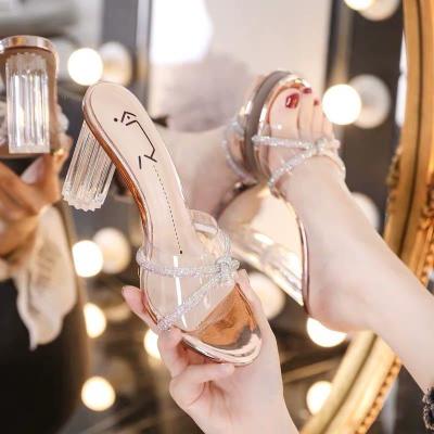 China Fashion trend Champagnewomen sandals heels summer transparent rhinestone sandals ladies where block heels sandals for sale