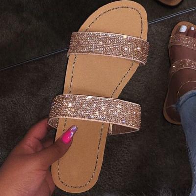 China Fashion Trend Luxury Shoes Black Flat Sandals for Women and Ladies Roman Style Shine Bright Diamond Flat Sandals 2021 for sale