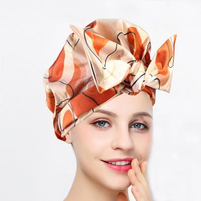 China Viable Reusable Satin Striped Shower Cap For Women Hair Cap Hoods And Satin Hair Wraps Kids Bath Shower Caps for sale