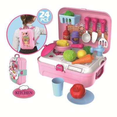 China DIY Pretend Game Realistic Sound Light Cooking Food Kitchenware Back Bag Suitcase Educational Kitchen Toys Play Set For Kids for sale