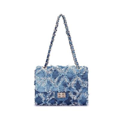 China Portable Women Fashion Casual Stitched Cross - Lattice Purse Denim Handbag Wallet Body Distressed Shoulder Bag With Interlocking Chain Straps for sale