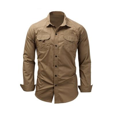 China Anti-pilling washable solid color double pocket brown euramerican cotton shirts for men long sleeve for sale