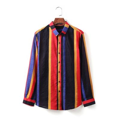 China Fast Delivery Anti-Pilling Casual Vintage Multicolor Stripe Printed 100% Cotton Mens Long Sleeve Shirt for sale