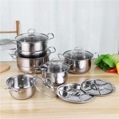 China Stocked Glass Lid 410 Stainless Steel Cookware Set Steamer 12pcs Food Cooking Soup Pot for sale