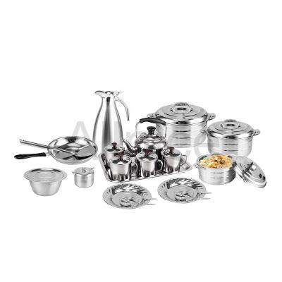 China Stocked kitchen 21pcs set of 410 stainless steel cookware family use cooking pot water kettle for sale