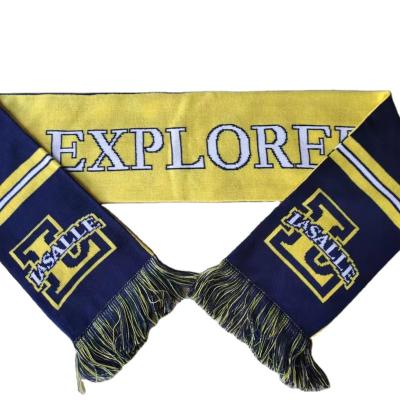 China Free Sample Acrylic Custom Logo Knitting Machine Print Jacquard Football Soccer Fan Flat Scarf for sale