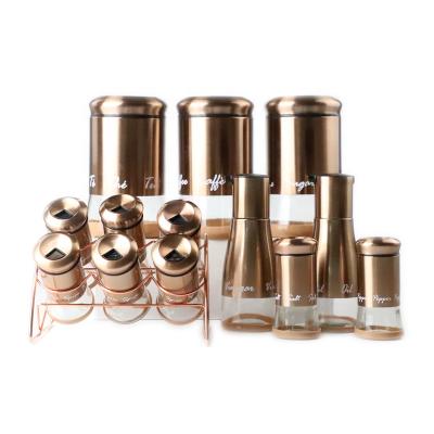 China Large durable set of 13 stainless steel metallic glass canisters with clad metal frames for sale