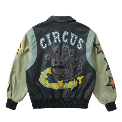 China Real breathable custom made pure black classic patch bomber mens leather jackets vintage embroidery printed genuine leather for men for sale