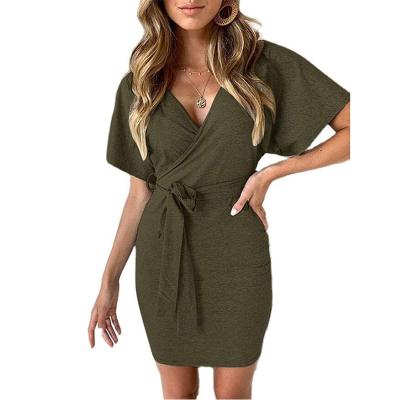 China Washable Women's V-Neck Mini Dress Stretchy Solid Color Summer Short Sleeve Irregular Dress for sale