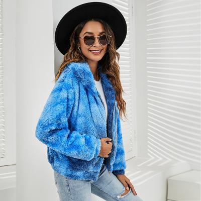 China Wholesale Custom Fleece Jacket Women Clothing Tie Dye Print Long Sleeve Faux Fur Coat Winter Zipper Up Ladies Coat for sale