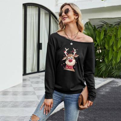 China 2022 Hot Selling New Women's Breathable One-Shoulder Print Christmas Women's Long Sleeve Sweatshirt 2022 Amazon Factory Direct Sales for sale