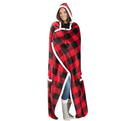 China Fire Retardant Hooded TV Blanket Thickening And Long Warm Red And Black Plaid Printing Casual Home Flannel Blanket for sale