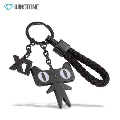 China Custom Metal Zinc Alloy Cat Pendant Keychain with Genuine Leather Braided Rope for Business Promotion for sale