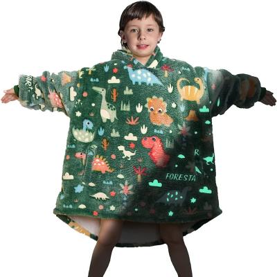 China PORTABLE Fluorescent Print Sherpa Hoodie Soft Wearable Blanket with Sleeves Flannel Fleece Custom Luxury Glow in Dark Blankets for sale