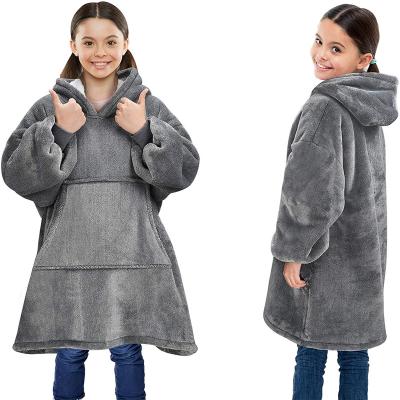 China Super Soft Wearable Plush Wearable Flannel Fleece Kids Sherpa Hooded Oversized Hoodie Blanket For Winter With Sleeves Sweatshirt for sale