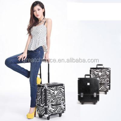 China Fashion Professional Aluminum Makeup Case PU Trolley Aluminum Cosmetic Case Makeup Bag for sale