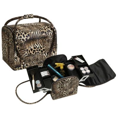 China PVC Leopard Cylinder Desk Soft Makeup Train Case Bag Cosmetic Organizer Beauty Kit for sale