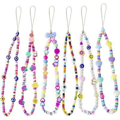 China New Polymer Clay Cell Phone Strap Soft Lanyard Colorful Smile Pearl Star Pottery Faux Pearl/Acrylic Beads/Soft Rope For Women Cell Phone Case Rope Beads Hanging Chain for sale