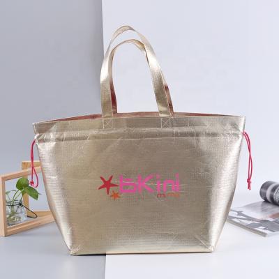 China Gold Color Laser Handled Non Woven Shopping Bags With Logos With String for sale