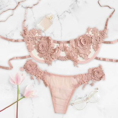 China Like Bra Sexy G-String Lace Set Image Rose Women's Lingerie Erotic Underwear Set Temptation Hollow Underwear With Steel Ring Porno Lenceria for sale