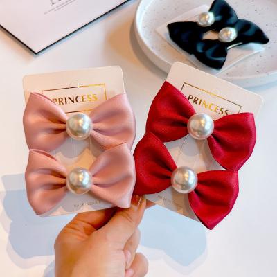 China Fashion Retro French Kids Bowknot Pearl Hair Clips Sets 2Pcs/Set Burgundy Pink Girls Princess Hairpin Hair Accessories for sale