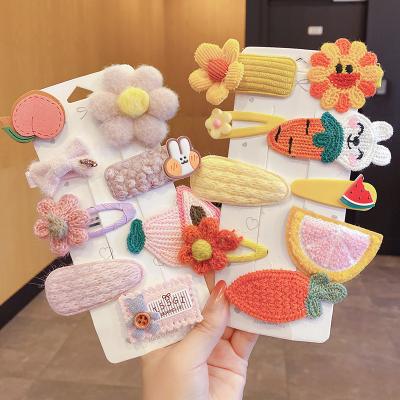 China Fashion Autumn Winter Coffee Color Plush Kids Knitting Hairpins Sets Flower Bow Bangs Girls Hair Pins Hair Accessories for sale