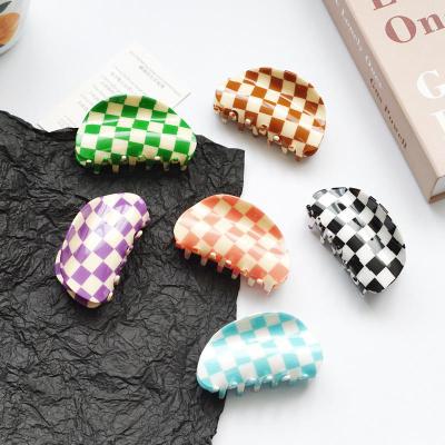 China Fashion Women's Acrylic Hair Clip Hair Accessories Large Hair Clips European American Semicircle Checkerboard Color Hair Clips for sale