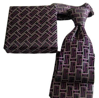 China custom purple color rectangle pattern micro polyester fabric tie with hankie with gift box set for sale