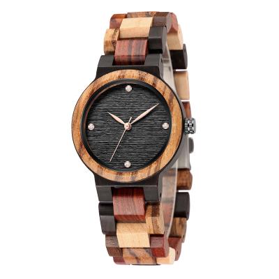 China Elegant Day/Date Cheap Price Rhinestone Personalized Handcraft Engraved Women's Analog Colorful Wooden Quartz Movement Watches for sale