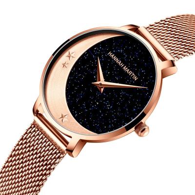 China Designer Fashion Starry Sky Moon Face Water Resistant 3 Lady Watches Reloj Stainless Steel Mesh Bracelet Wrist Women Bar Quartz for sale