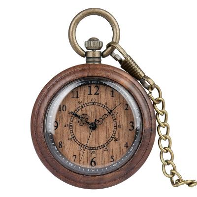 China Light Antique Ebony Walnut Wooden Chain Open Face Clock FOB Christmas Gifts For Women Men Vintage Watch Quartz Wood Pocket Watch for sale