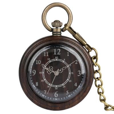 China Vintage Roman Numbers Display Natural Black Sandalwood Wanut Zebra Pedant Clock Women Men Gifts Pocket Watches Wood With Chain for sale