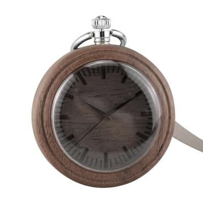 China Retro Classic Christmas Promotion Mens Leather Belt Case Walnut Wood Accessory Pocket Watch Modern Wooden Chain Pendant Clock for sale